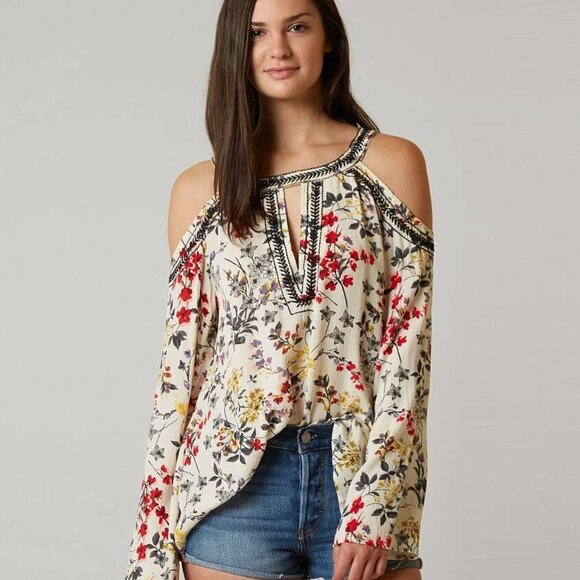 BKE Tops - BKE Boutique Womens S Cold Shoulder‎ Floral Print Embroidered Long Sleeve Top